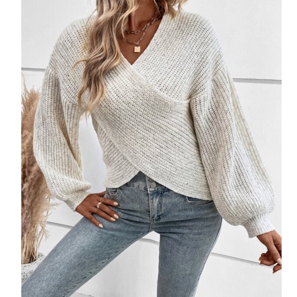 SOLD OUT Beige Cross Wrap Style Knit Long Sleeve Marled Pullover Sweater - Picture 3 of 3
